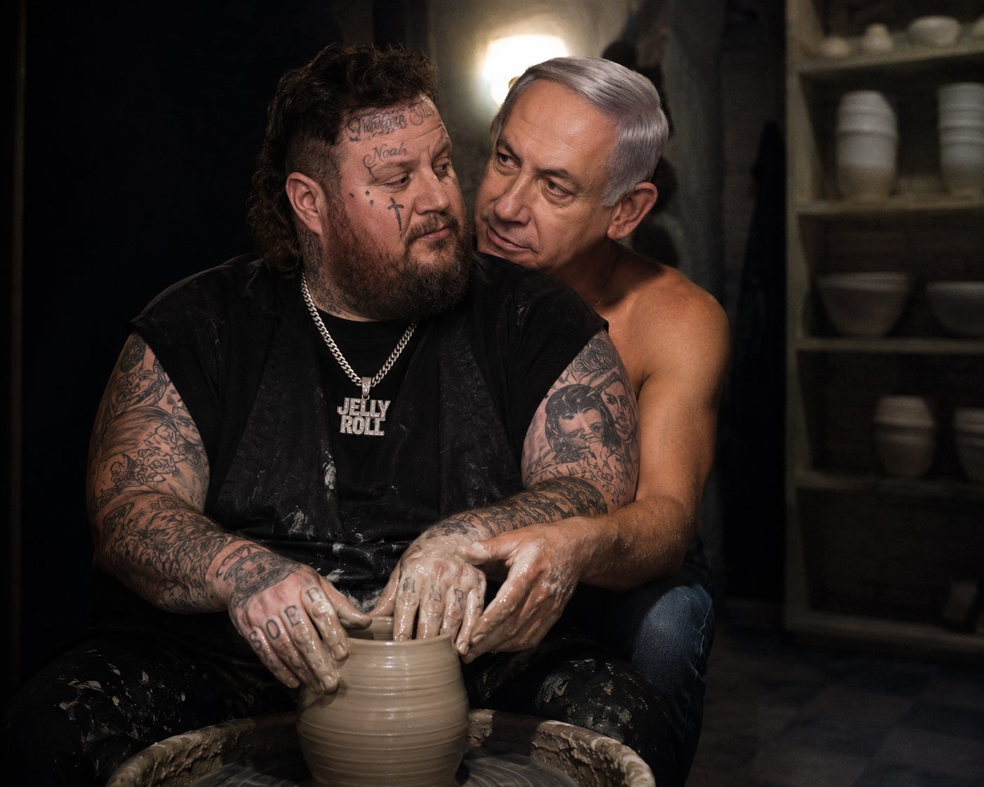 Jelly Roll and Benjamin Netanyahu at a pottery wheel in a Ghost movie scene