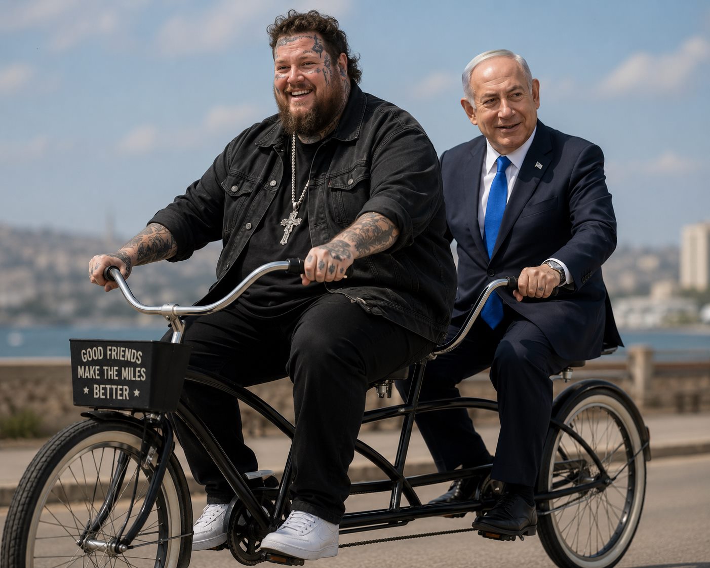 Jelly Roll and Benjamin Netanyahu riding a tandem bicycle by the sea